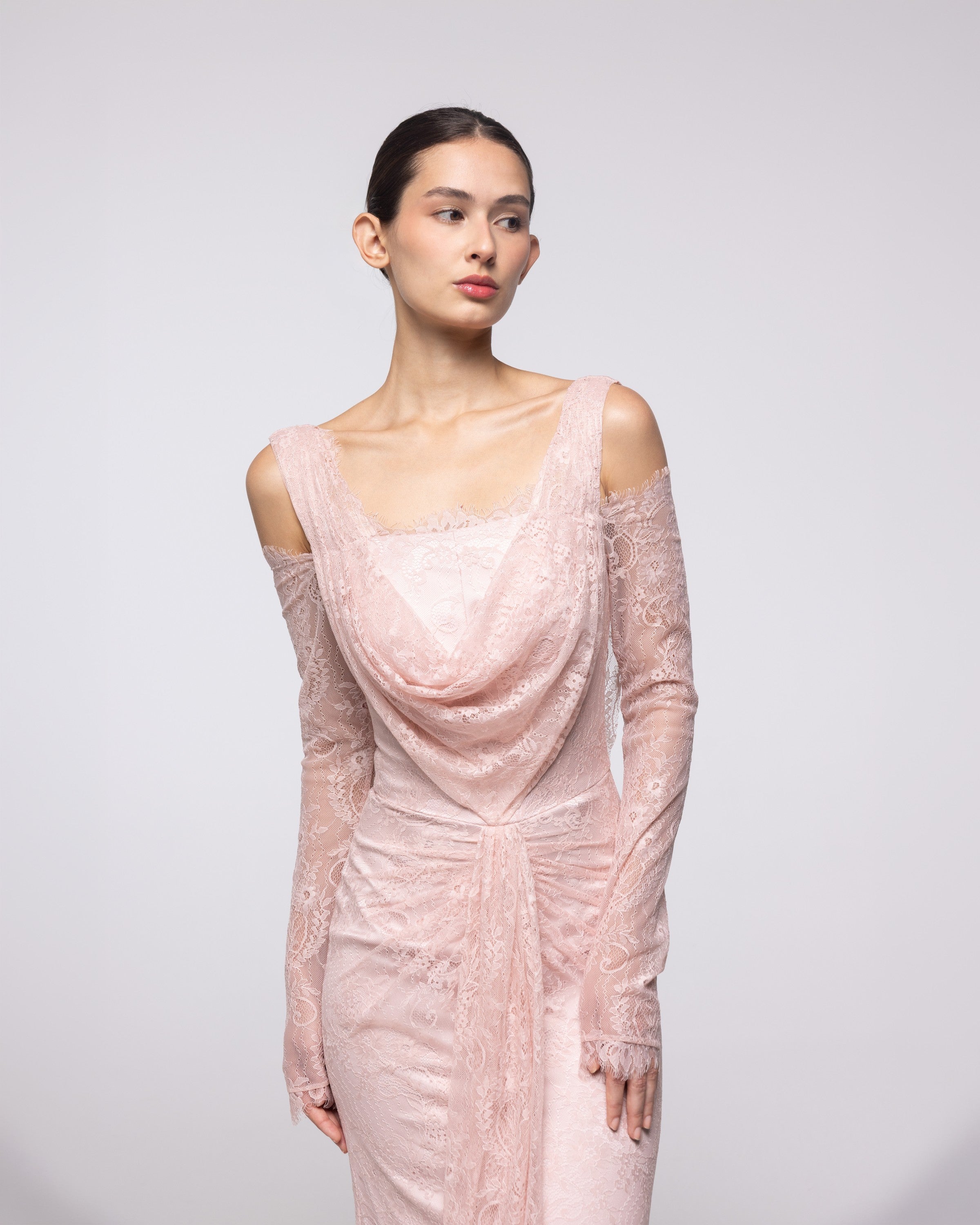Gaia Blush Embroidered Lace Cowl Gown, close up detail | Helen of Troy SS27 | Maison MOOEi