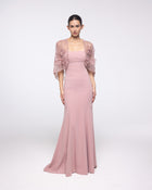 Dawn Blush Crepe Gown with Embroidered Capelet, front view | Helen of Troy SS27 | Maison MOOEi