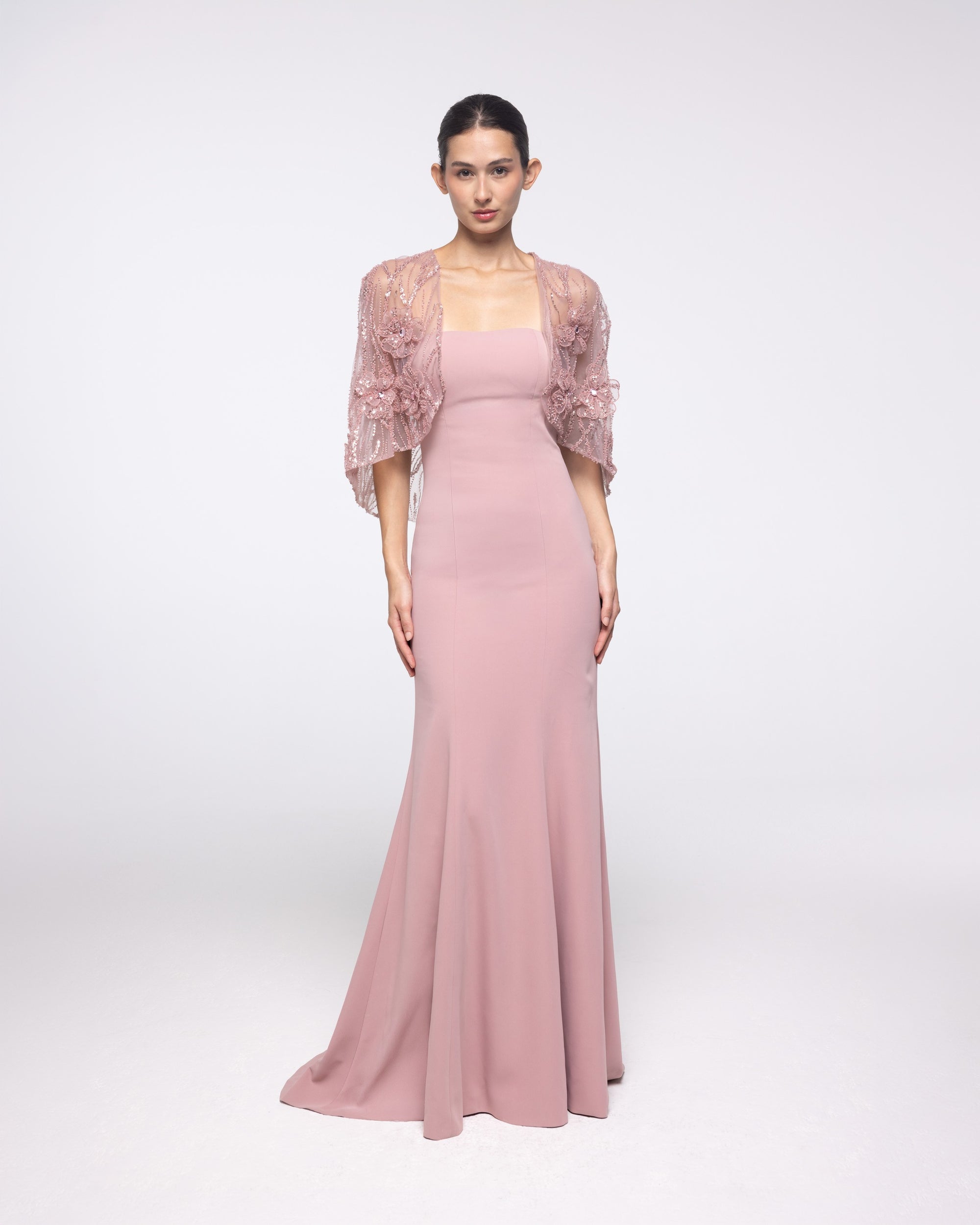 Dawn Blush Crepe Gown with Embroidered Capelet, front view | Helen of Troy SS27 | Maison MOOEi