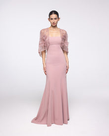 Dawn Blush Crepe Gown with Embroidered Capelet, front view | Helen of Troy SS27 | Maison MOOEi