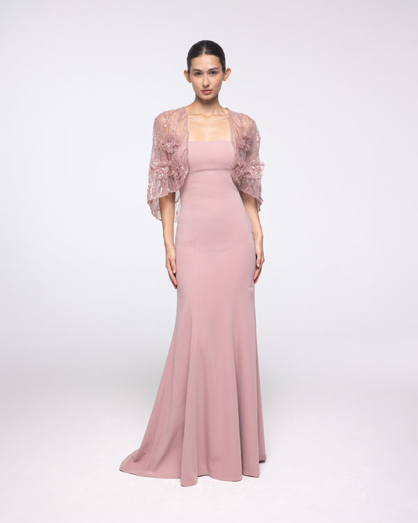 Rhea Blush Crepe Gown with Embroidered Capelet, front view | Helen of Troy SS27 | Maison MOOEi