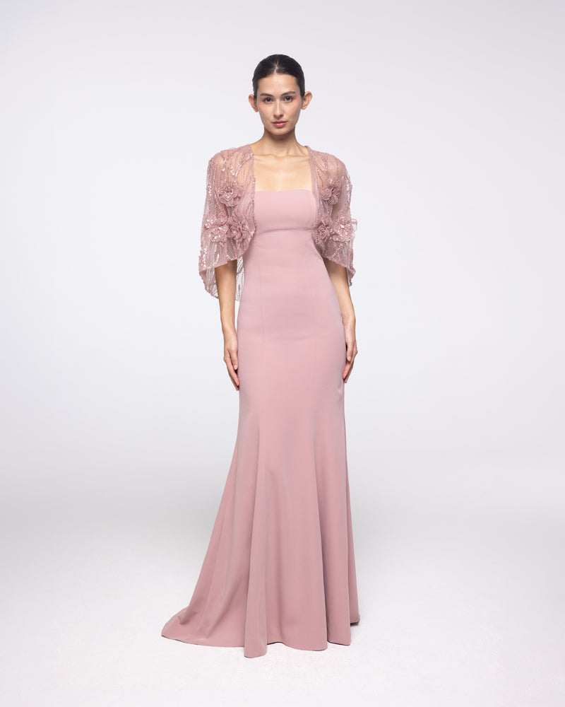 Rhea Blush Crepe Gown with Embroidered Capelet, front view | Helen of Troy SS27 | Maison MOOEi