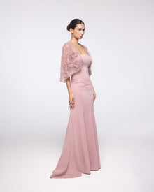 Dawn Blush Crepe Gown with Embroidered Capelet, front view | Helen of Troy SS27 | Maison MOOEi