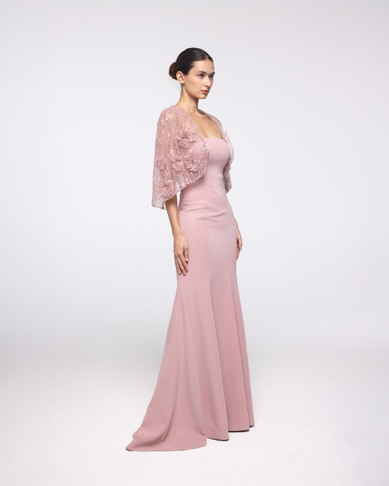 Rhea Blush Crepe Gown with Embroidered Capelet, front view | Helen of Troy SS27 | Maison MOOEi