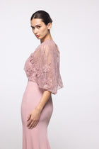Dawn Blush Crepe Gown with Embroidered Capelet, side view | Helen of Troy SS27 | Maison MOOEi