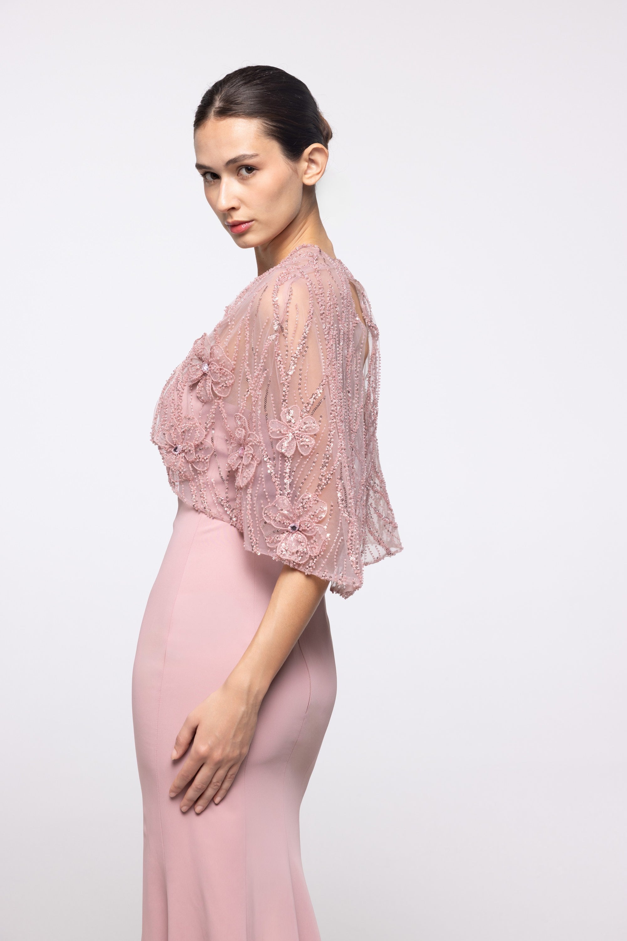 Dawn Blush Crepe Gown with Embroidered Capelet, side view | Helen of Troy SS27 | Maison MOOEi