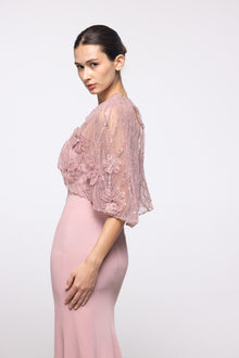 Dawn Blush Crepe Gown with Embroidered Capelet, side view | Helen of Troy SS27 | Maison MOOEi