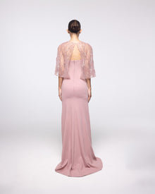 Dawn Blush Crepe Gown with Embroidered Capelet, back view | Helen of Troy SS27 | Maison MOOEi