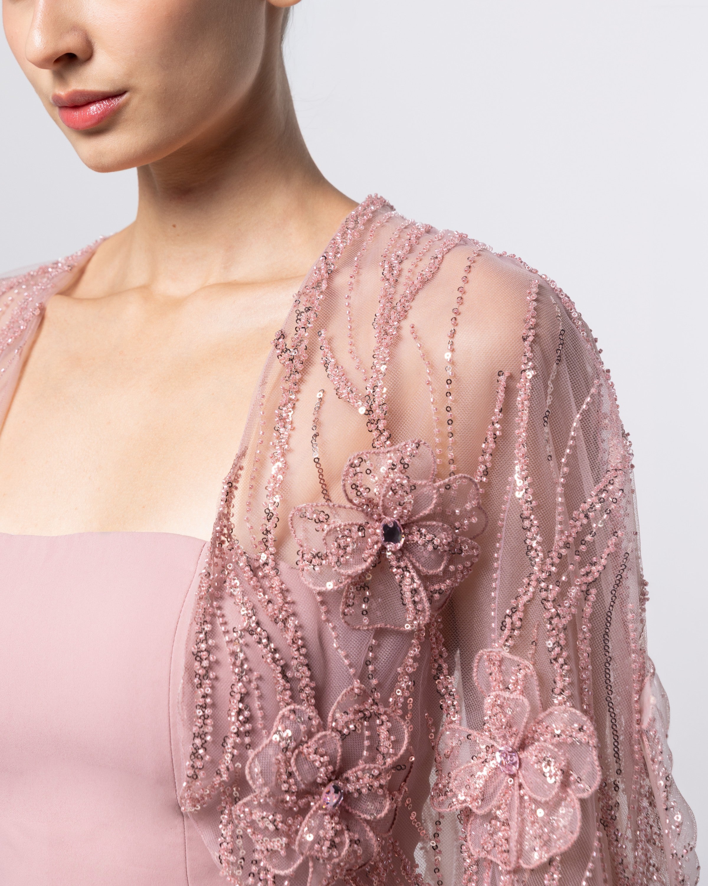 Dawn Blush Crepe Gown with Embroidered Capelet, close up detail | Helen of Troy SS27 | Maison MOOEi