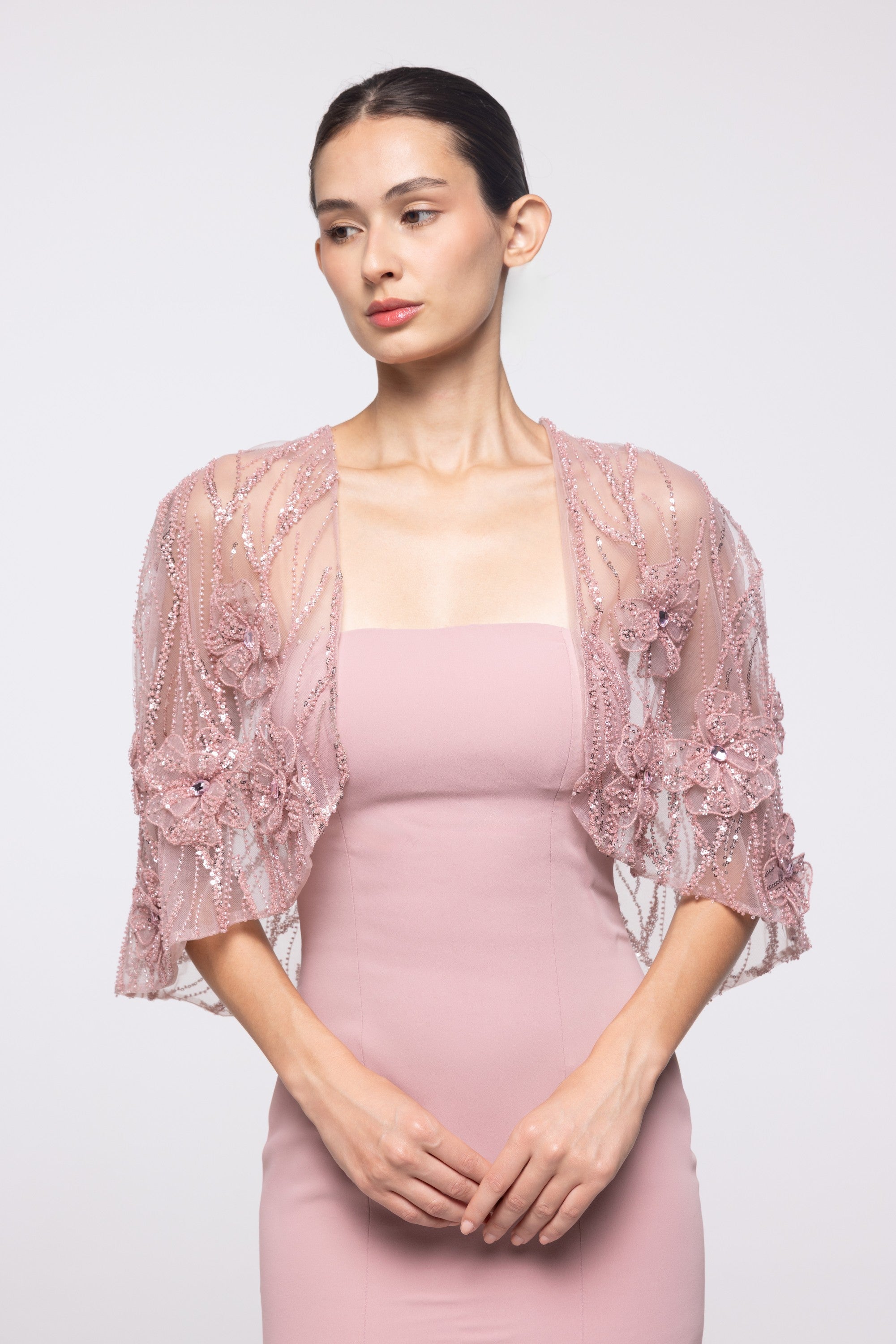 Dawn Blush Crepe Gown with Embroidered Capelet, close up detail | Helen of Troy SS27 | Maison MOOEi