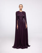 Persephone Aubergine Pleated Cape Sleeve Gown, front view | Helen of Troy SS27 | Maison MOOEi