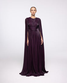 Persephone Aubergine Pleated Cape Sleeve Gown, front view | Helen of Troy SS27 | Maison MOOEi