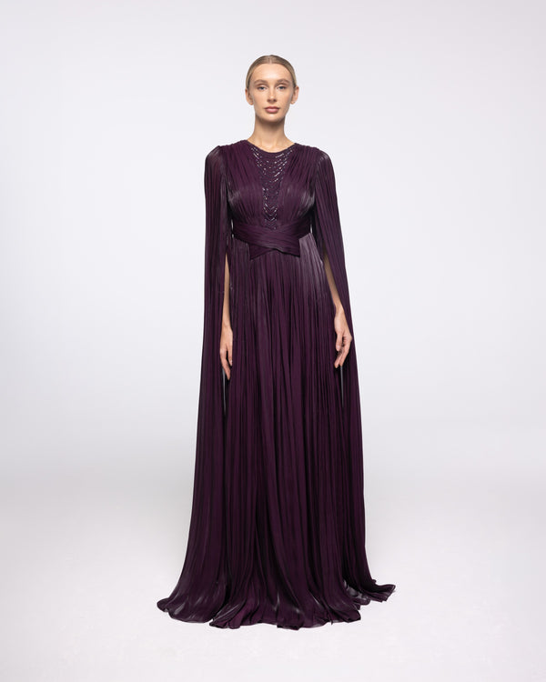 Persephone Aubergine Pleated Cape Sleeve Gown, front view | Helen of Troy SS27 | Maison MOOEi