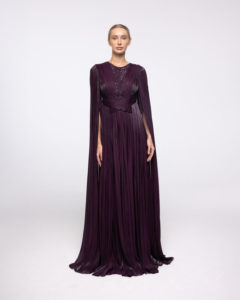Persephone Aubergine Pleated Cape Sleeve Gown, front view | Helen of Troy SS27 | Maison MOOEi