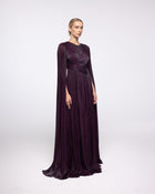 Persephone Aubergine Pleated Cape Sleeve Gown, front view | Helen of Troy SS27 | Maison MOOEi