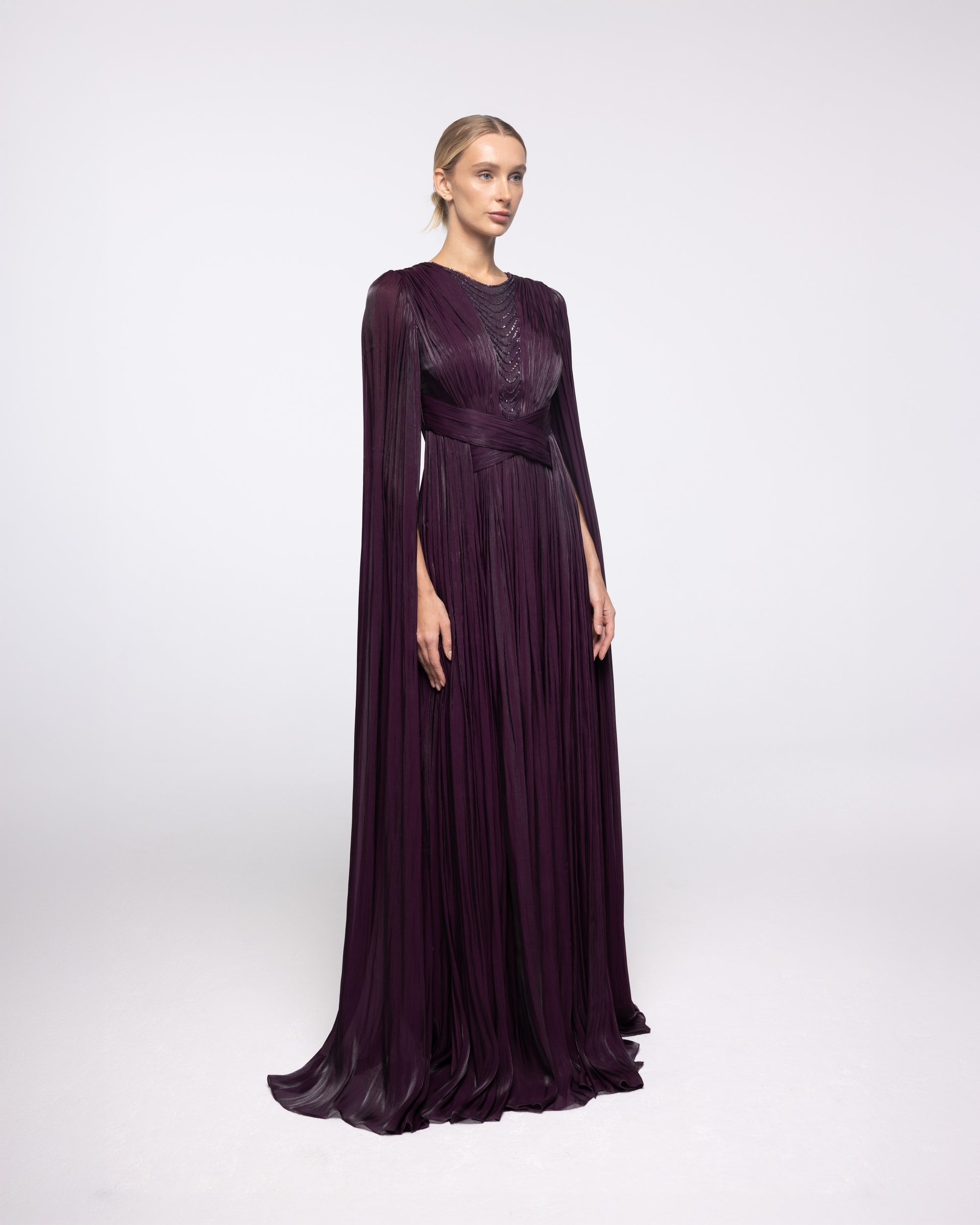 Persephone Aubergine Pleated Cape Sleeve Gown, front view | Helen of Troy SS27 | Maison MOOEi