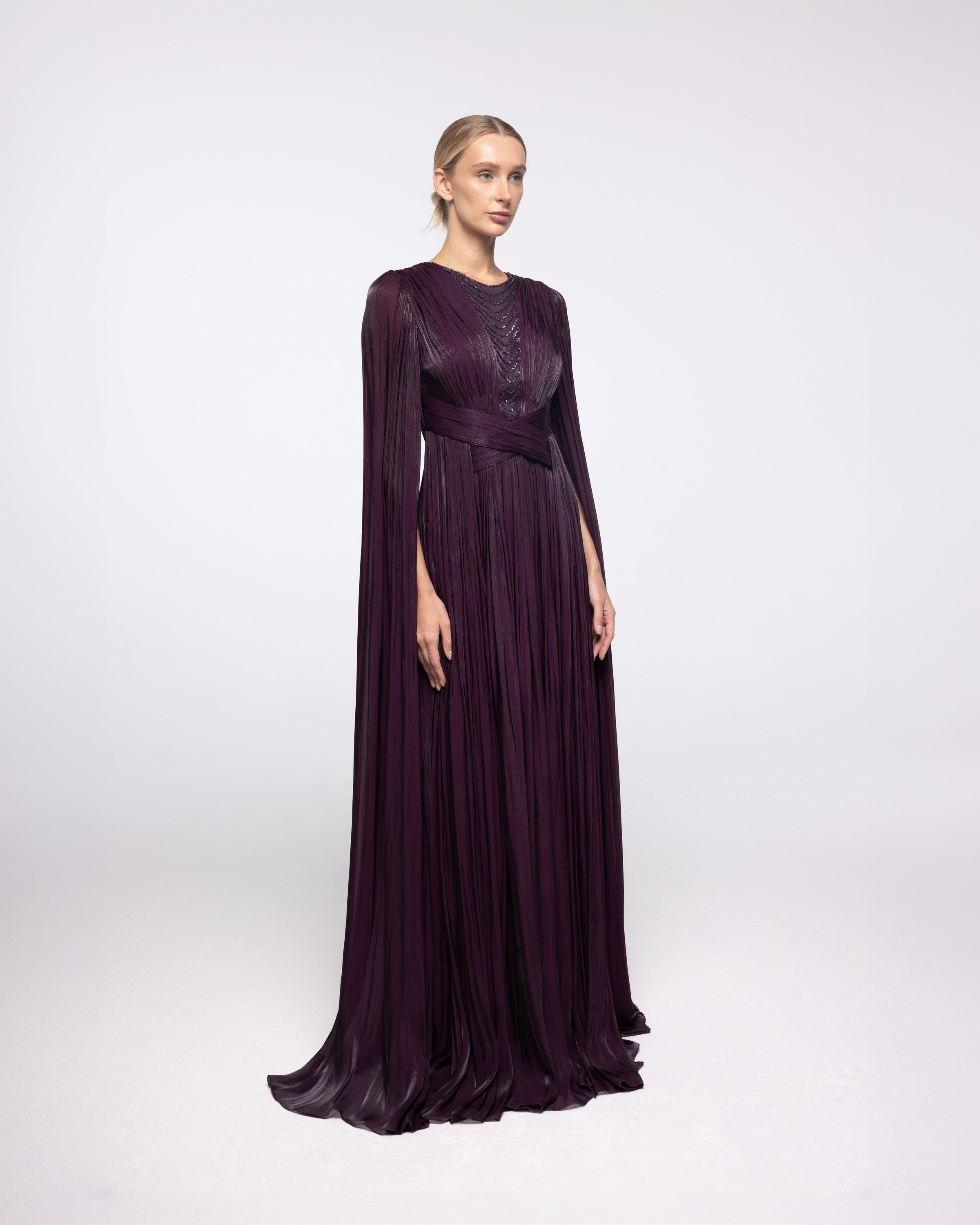 Persephone Aubergine Pleated Cape Sleeve Gown, front view | Helen of Troy SS27 | Maison MOOEi