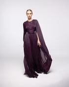 Persephone Aubergine Pleated Cape Sleeve Gown, front view | Helen of Troy SS27 | Maison MOOEi
