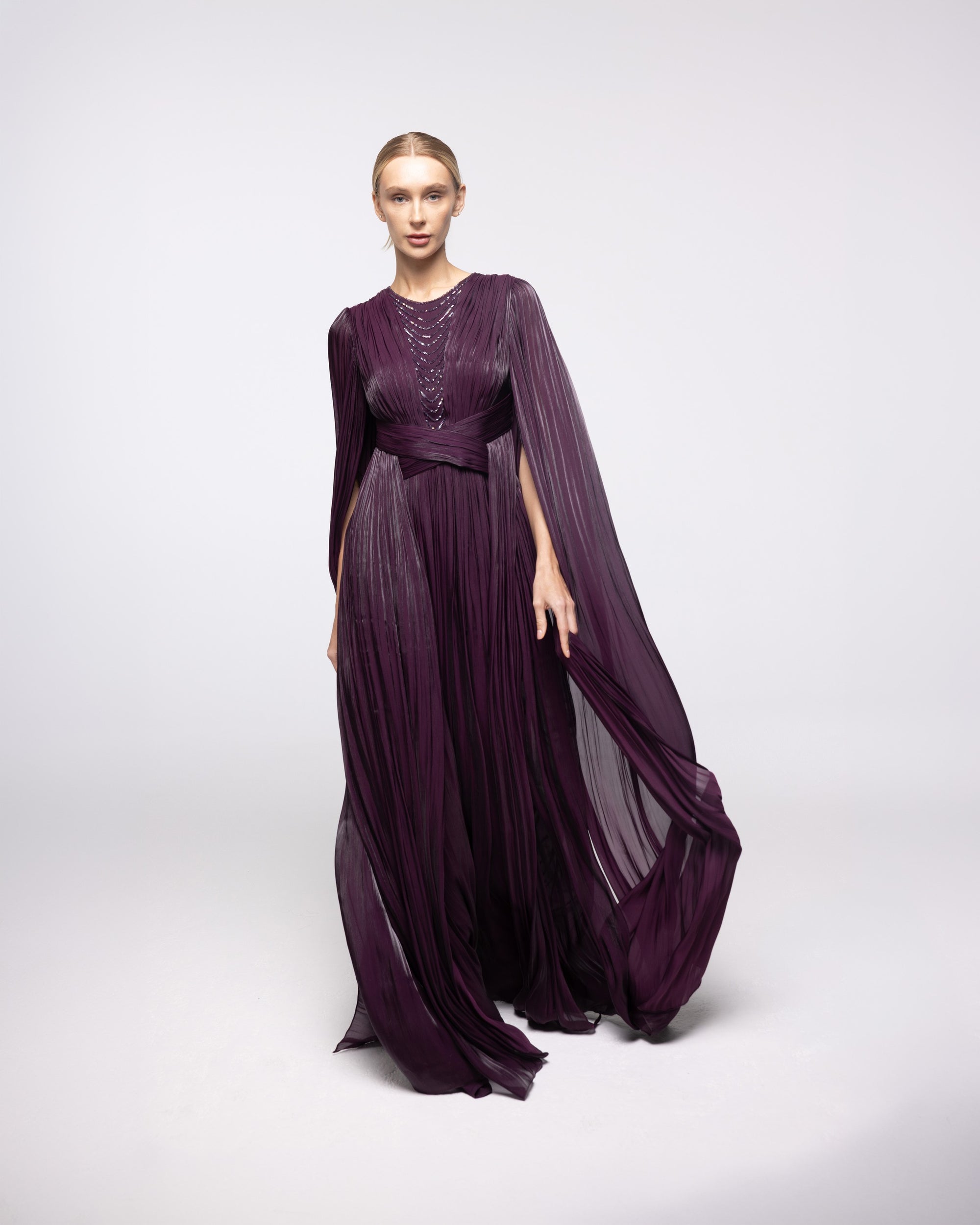 Persephone Aubergine Pleated Cape Sleeve Gown, front view | Helen of Troy SS27 | Maison MOOEi
