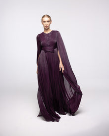 Persephone Aubergine Pleated Cape Sleeve Gown, front view | Helen of Troy SS27 | Maison MOOEi