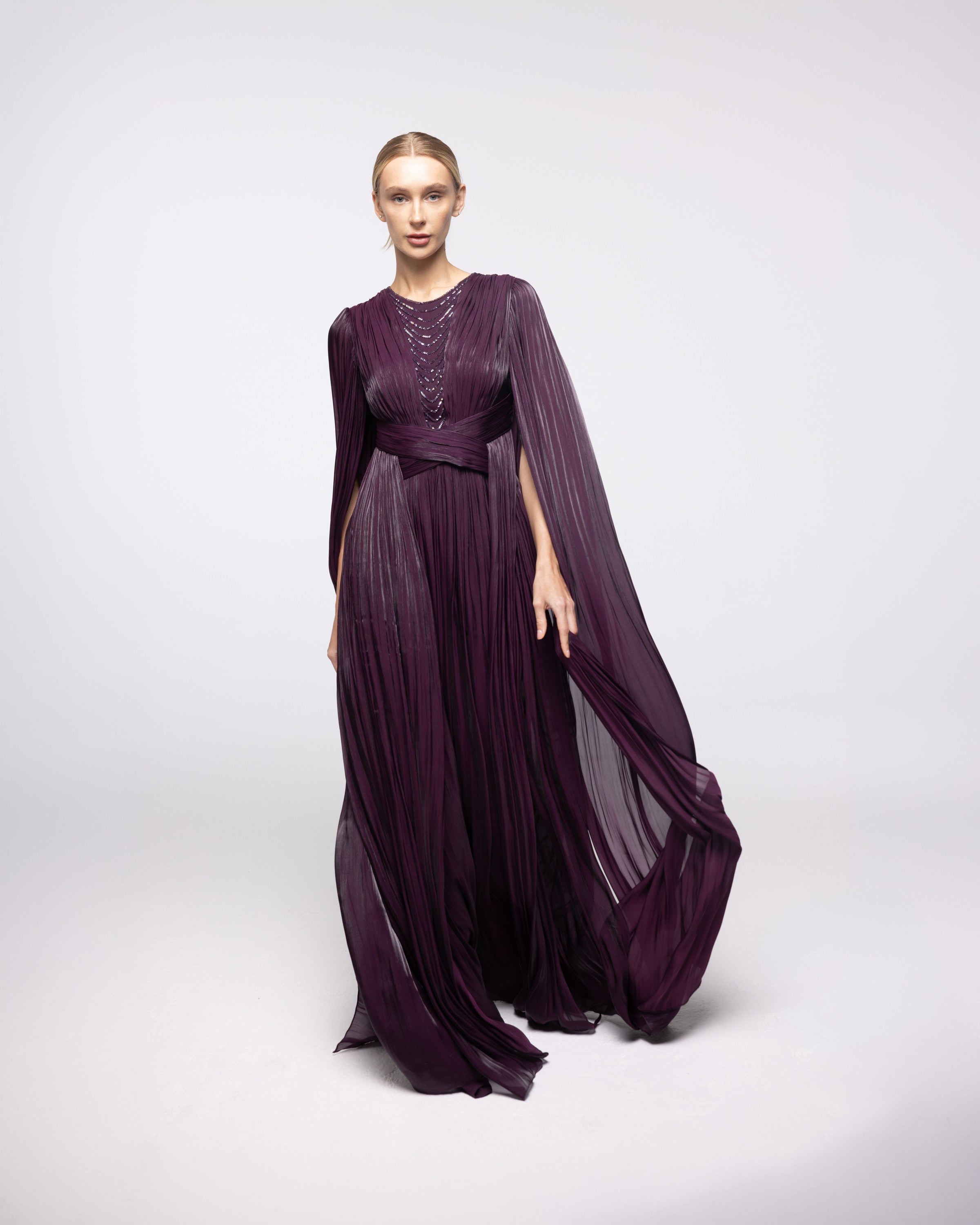 Persephone Aubergine Pleated Cape Sleeve Gown, front view | Helen of Troy SS27 | Maison MOOEi