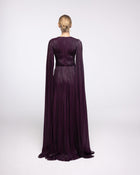 Persephone Aubergine Pleated Cape Sleeve Gown, back view | Helen of Troy SS27 | Maison MOOEi