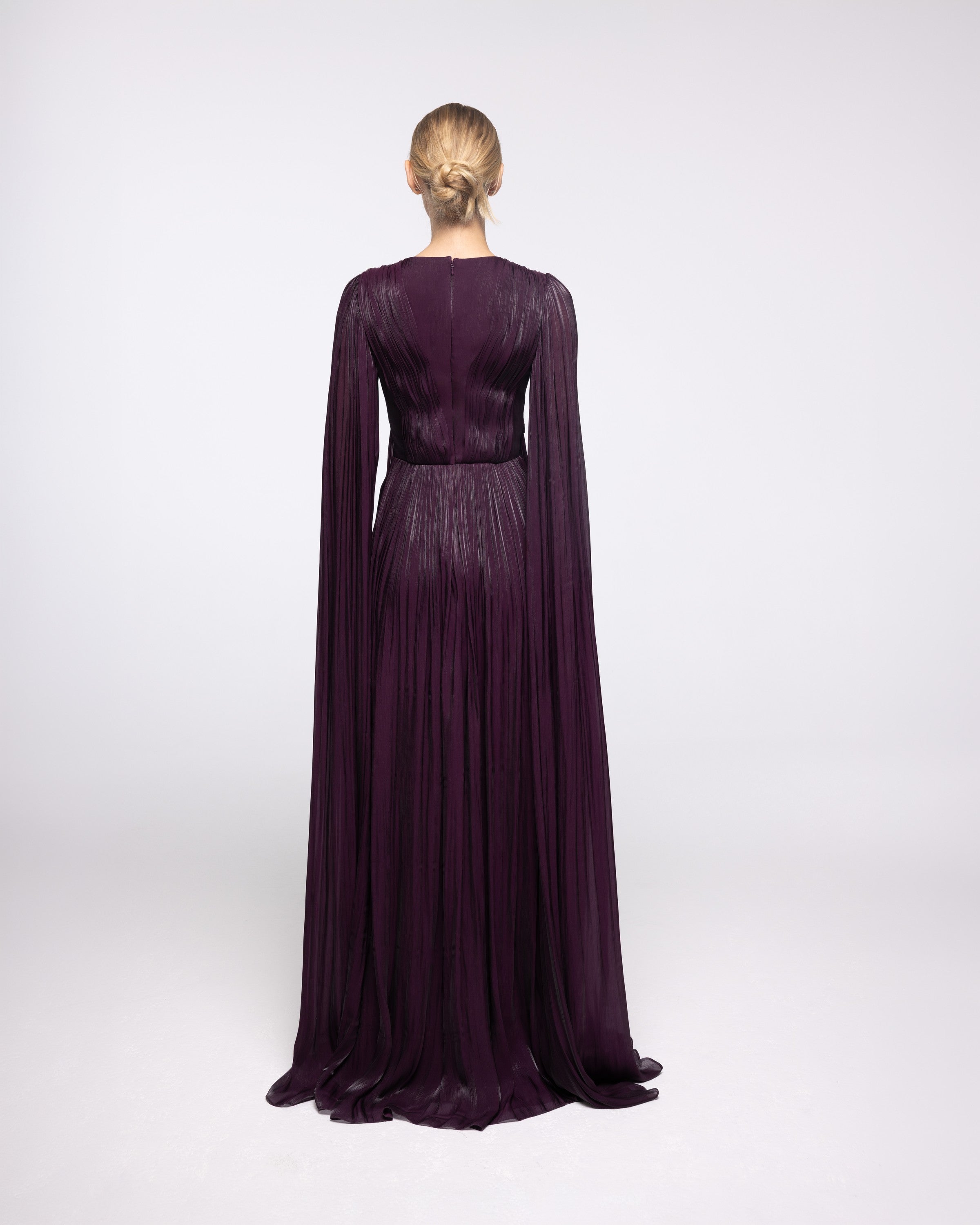 Persephone Aubergine Pleated Cape Sleeve Gown, back view | Helen of Troy SS27 | Maison MOOEi