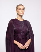Persephone Aubergine Pleated Cape Sleeve Gown, close up detail | Helen of Troy SS27 | Maison MOOEi