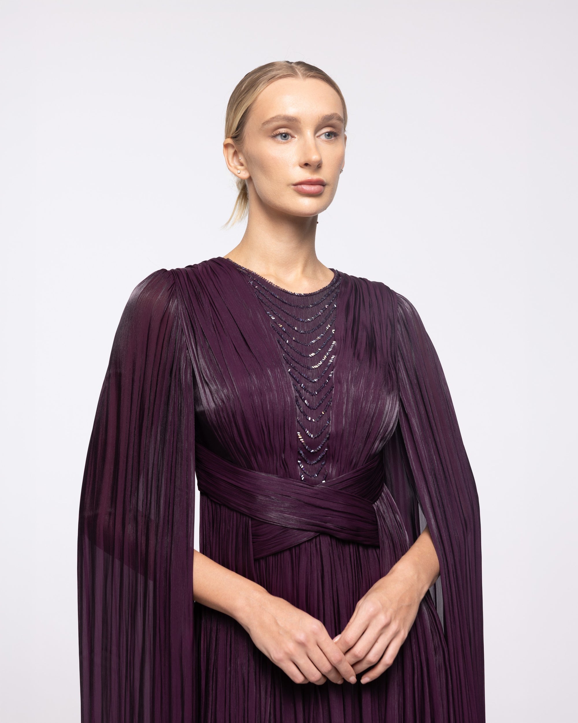 Persephone Aubergine Pleated Cape Sleeve Gown, close up detail | Helen of Troy SS27 | Maison MOOEi