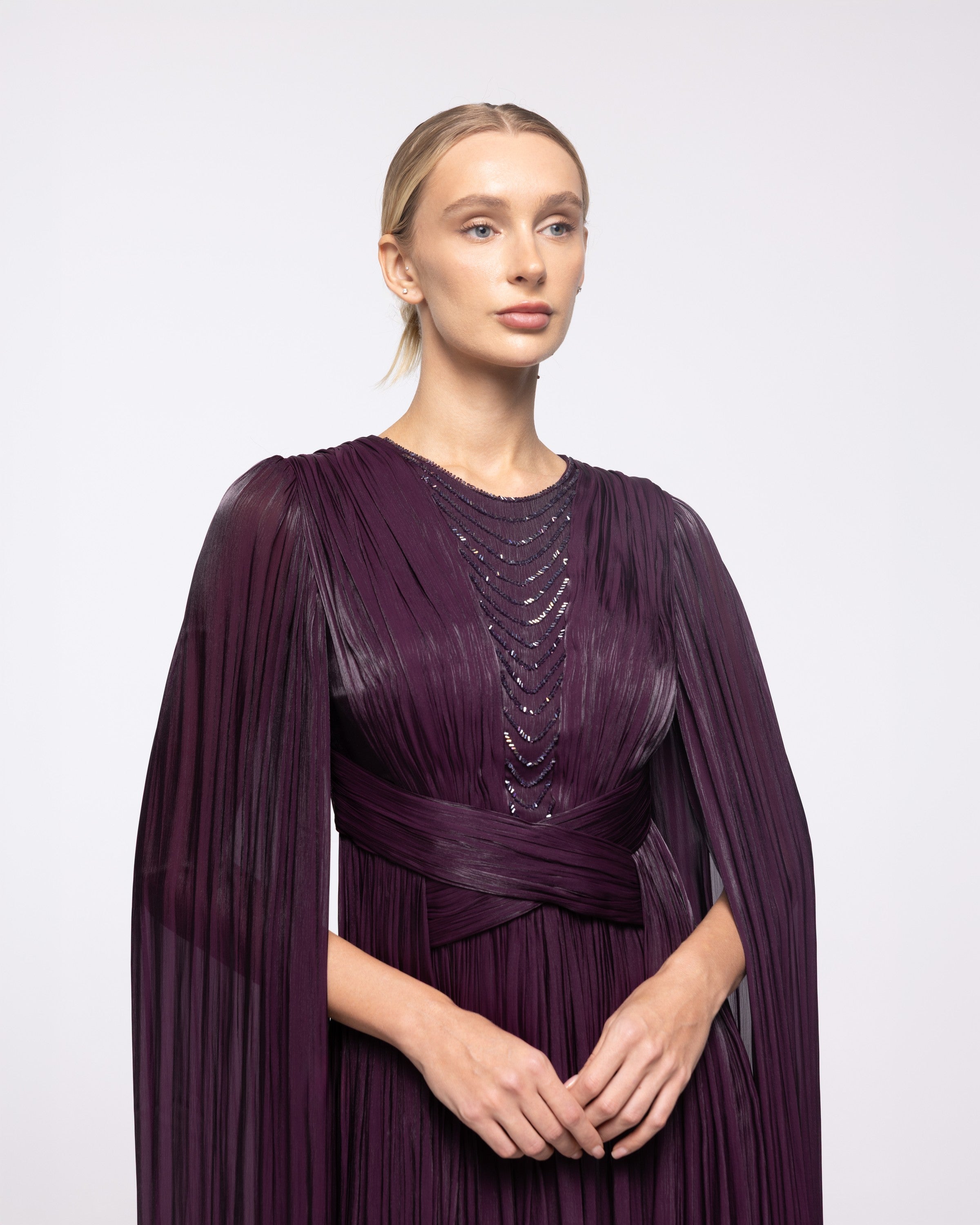 Persephone Aubergine Pleated Cape Sleeve Gown, close up detail | Helen of Troy SS27 | Maison MOOEi