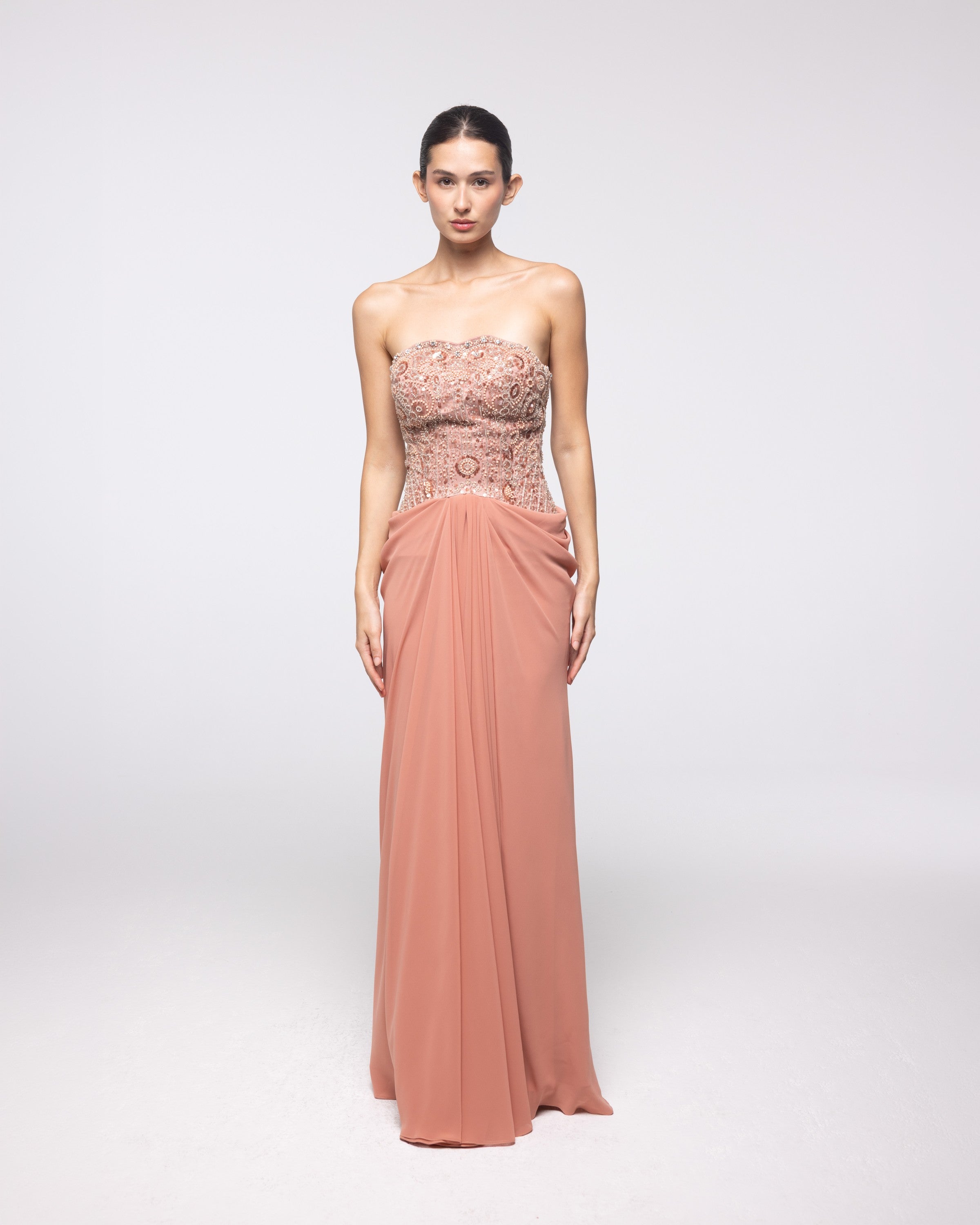 Evenstar Terracotta Beaded Strapless Gown, front view | Helen of Troy SS27 | Maison MOOEi