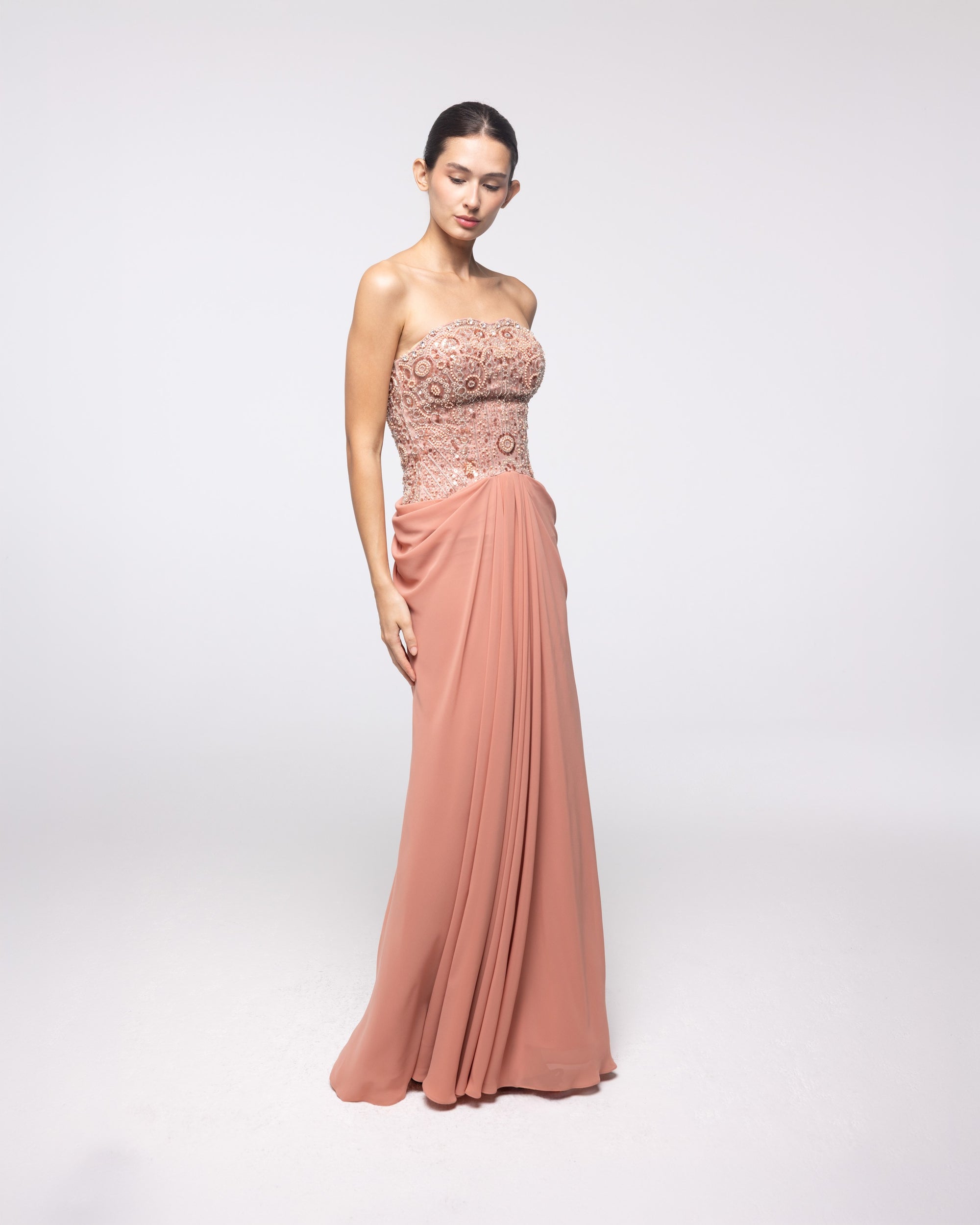 Evenstar Terracotta Beaded Strapless Gown, front view | Helen of Troy SS27 | Maison MOOEi