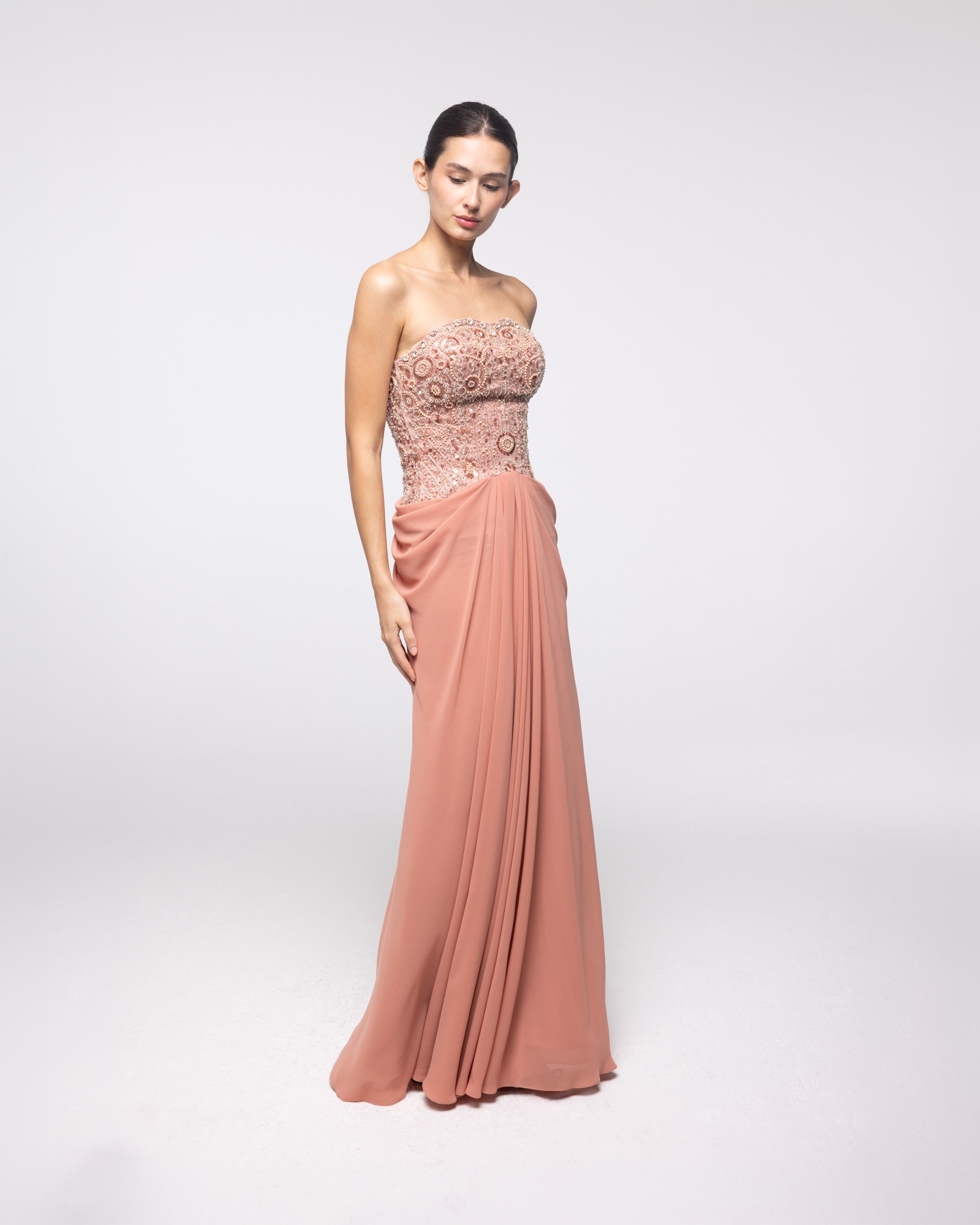 Evenstar Terracotta Beaded Strapless Gown, front view | Helen of Troy SS27 | Maison MOOEi