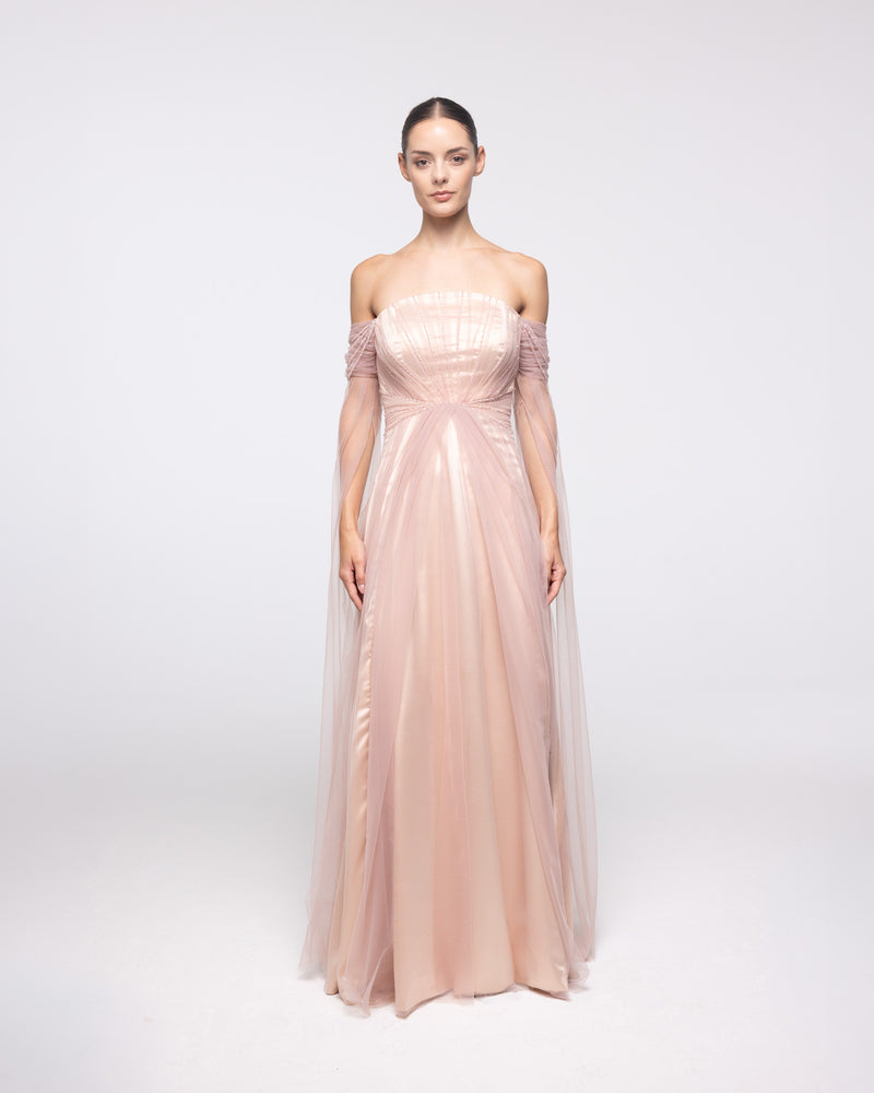 Echo Blush Tulle Off Shoulder Cape Sleeve Gown, front view | Helen of Troy SS27 | Maison MOOEi