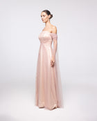 Echo Blush Tulle Off Shoulder Cape Sleeve Gown, side view | Helen of Troy SS27 | Maison MOOEi