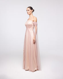 Echo Blush Tulle Off Shoulder Cape Sleeve Gown, side view | Helen of Troy SS27 | Maison MOOEi