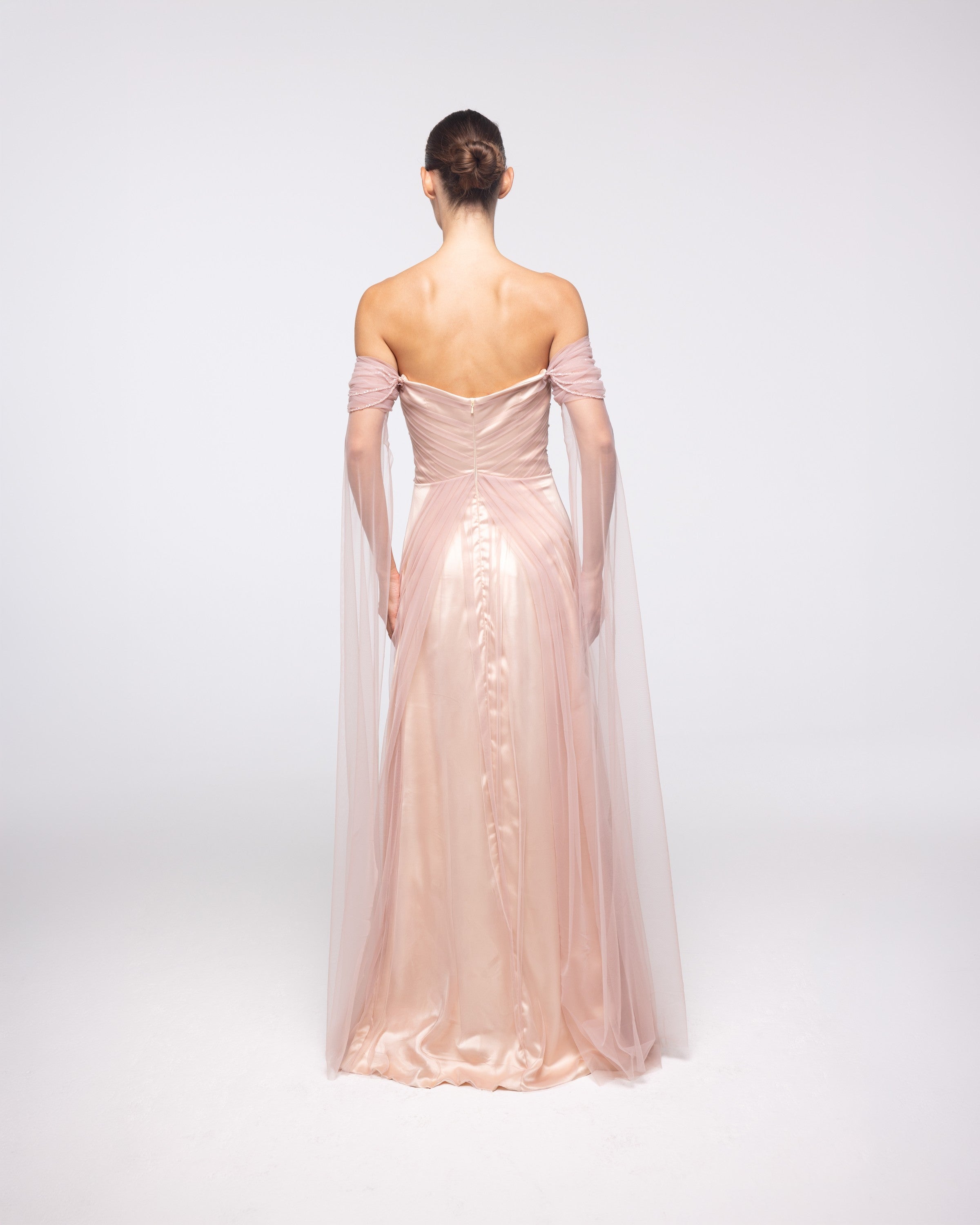 Echo Blush Tulle Off Shoulder Cape Sleeve Gown, back view | Helen of Troy SS27 | Maison MOOEi