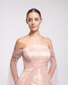 Echo Blush Tulle Off Shoulder Cape Sleeve Gown, close up detail | Helen of Troy SS27 | Maison MOOEi
