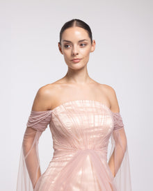 Echo Blush Tulle Off Shoulder Cape Sleeve Gown, close up detail | Helen of Troy SS27 | Maison MOOEi