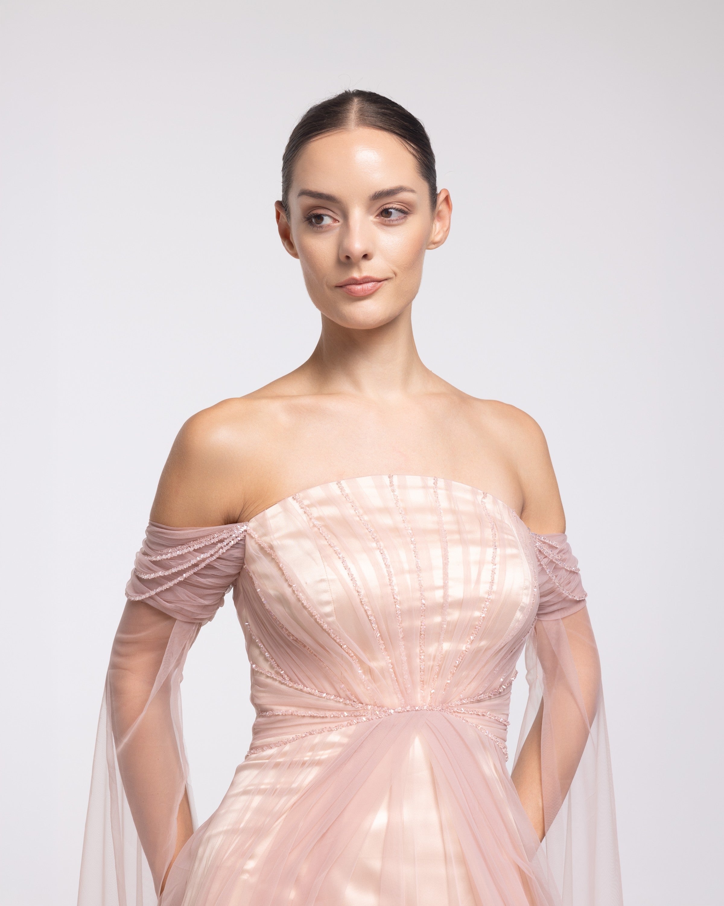 Echo Blush Tulle Off Shoulder Cape Sleeve Gown, close up detail | Helen of Troy SS27 | Maison MOOEi