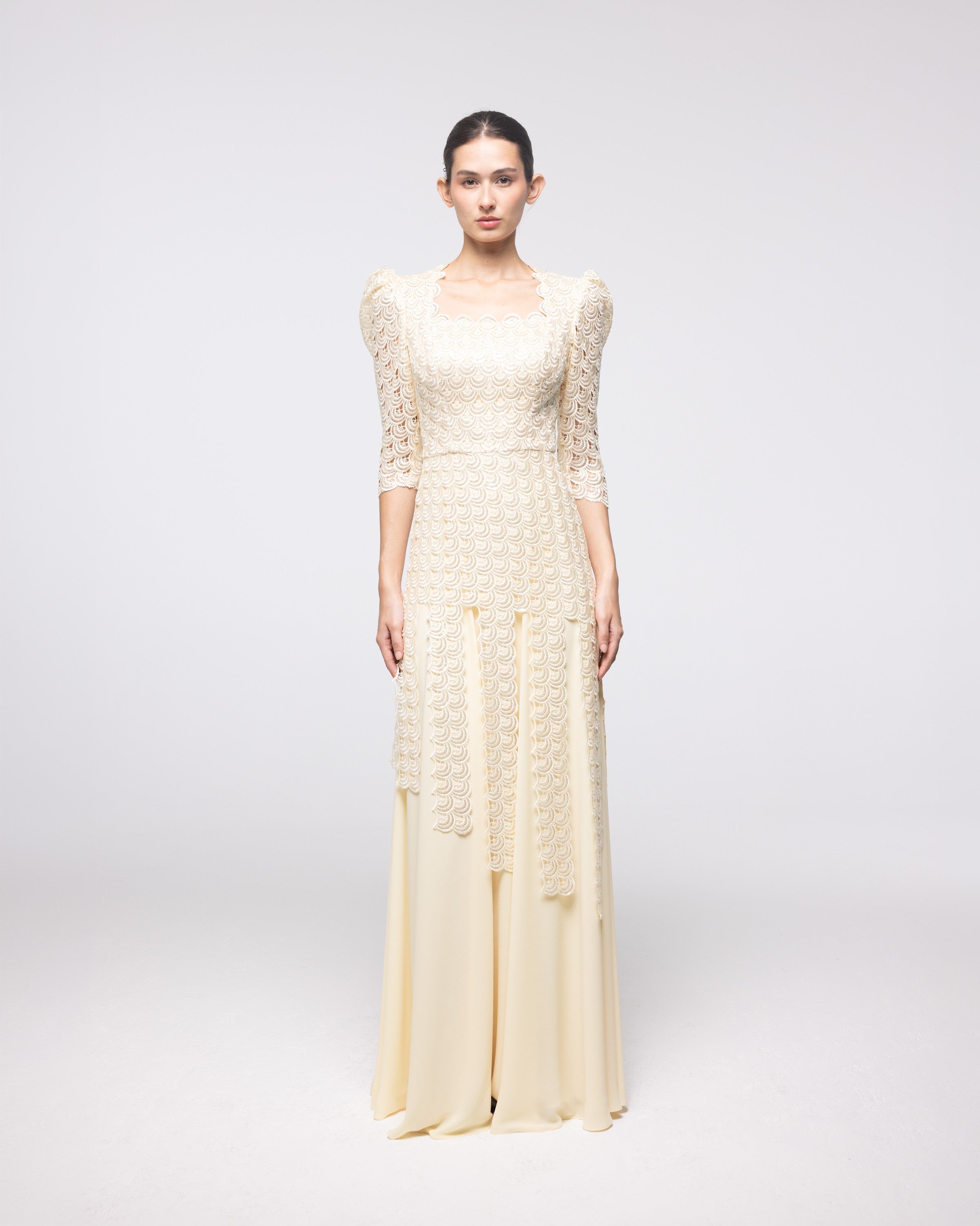 Heiress Champagne Scalloped Lace Gown, front view | Helen of Troy SS27 | Maison MOOEi