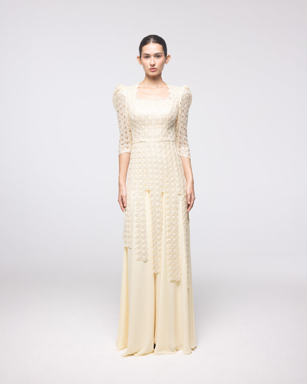 Hebe Champagne Scalloped Lace Gown, front view | Helen of Troy SS27 | Maison MOOEi