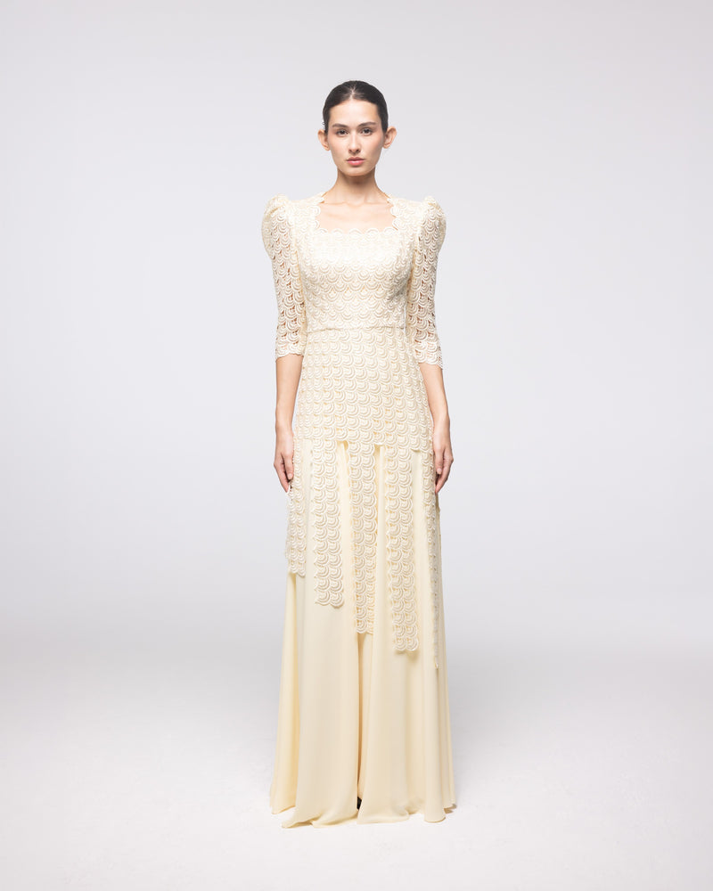 Hebe Champagne Scalloped Lace Gown, front view | Helen of Troy SS27 | Maison MOOEi