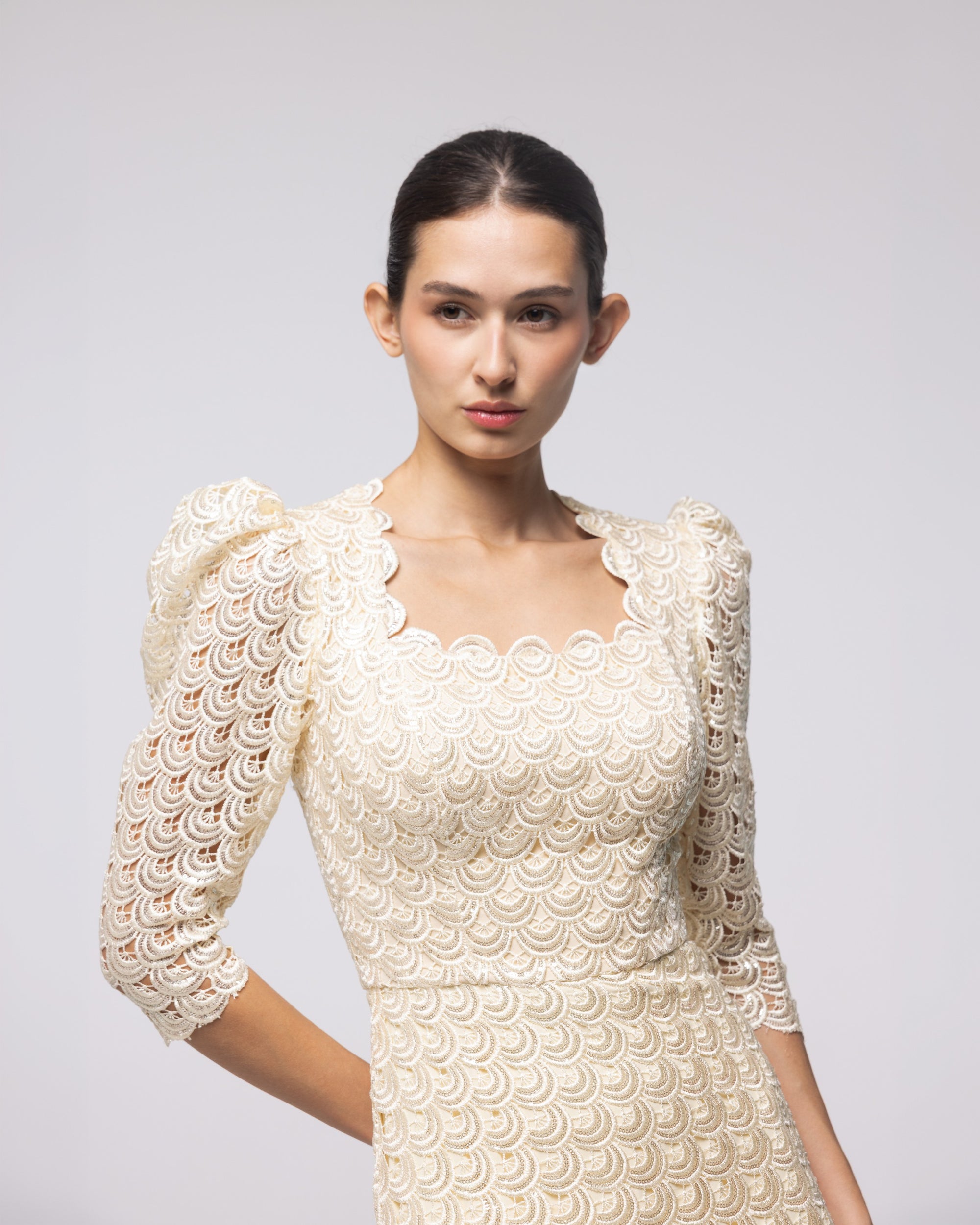 Heiress Champagne Scalloped Lace Gown, close up detail | Helen of Troy SS27 | Maison MOOEi