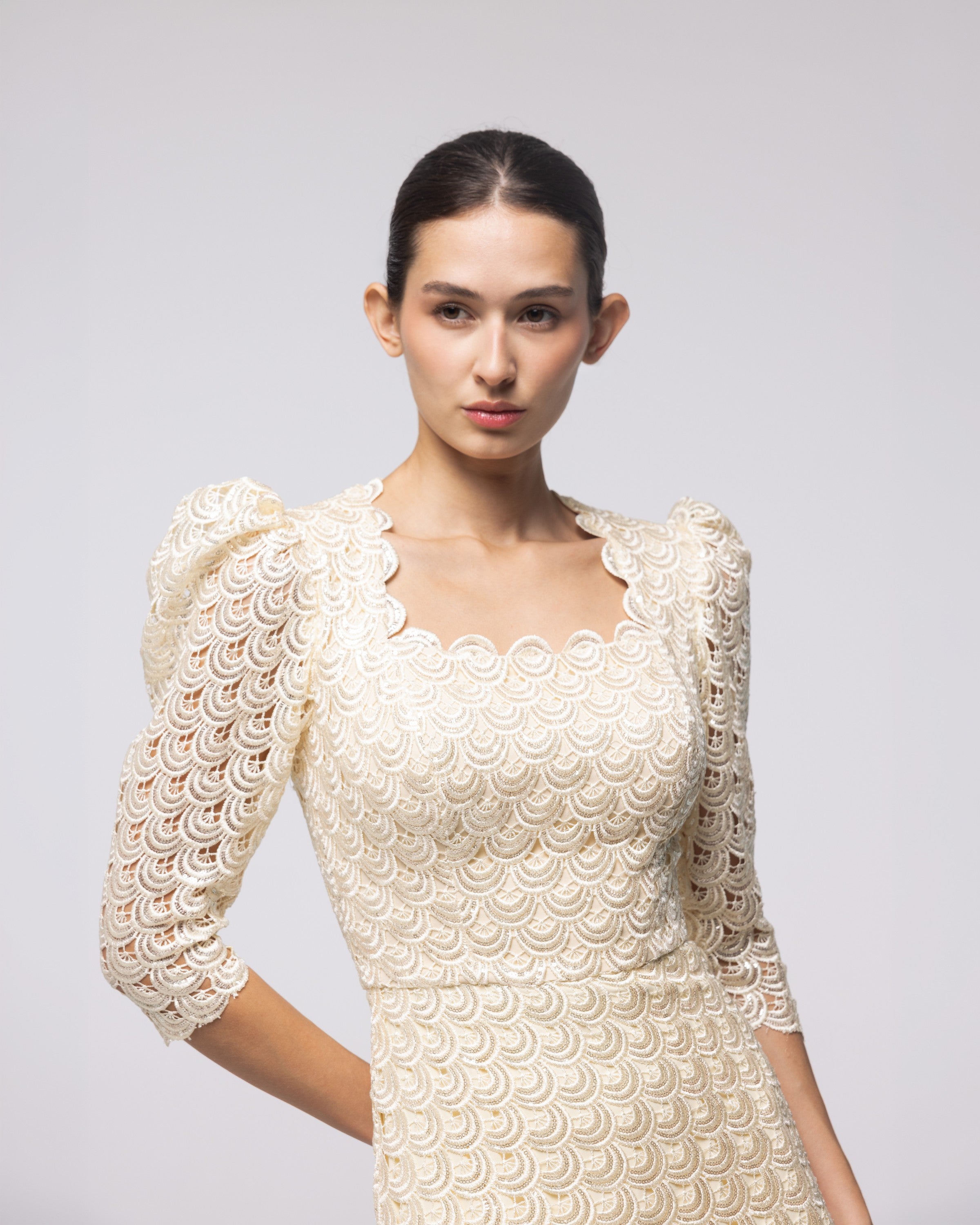 Heiress Champagne Scalloped Lace Gown, close up detail | Helen of Troy SS27 | Maison MOOEi