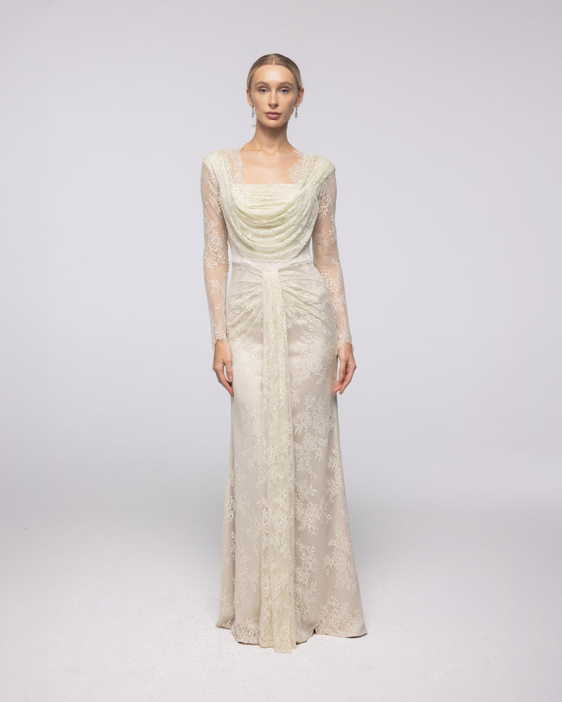 Heirloom Buttercream Floral Lace Cowl Gown, front view | Helen of Troy SS27 | Maison MOOEi