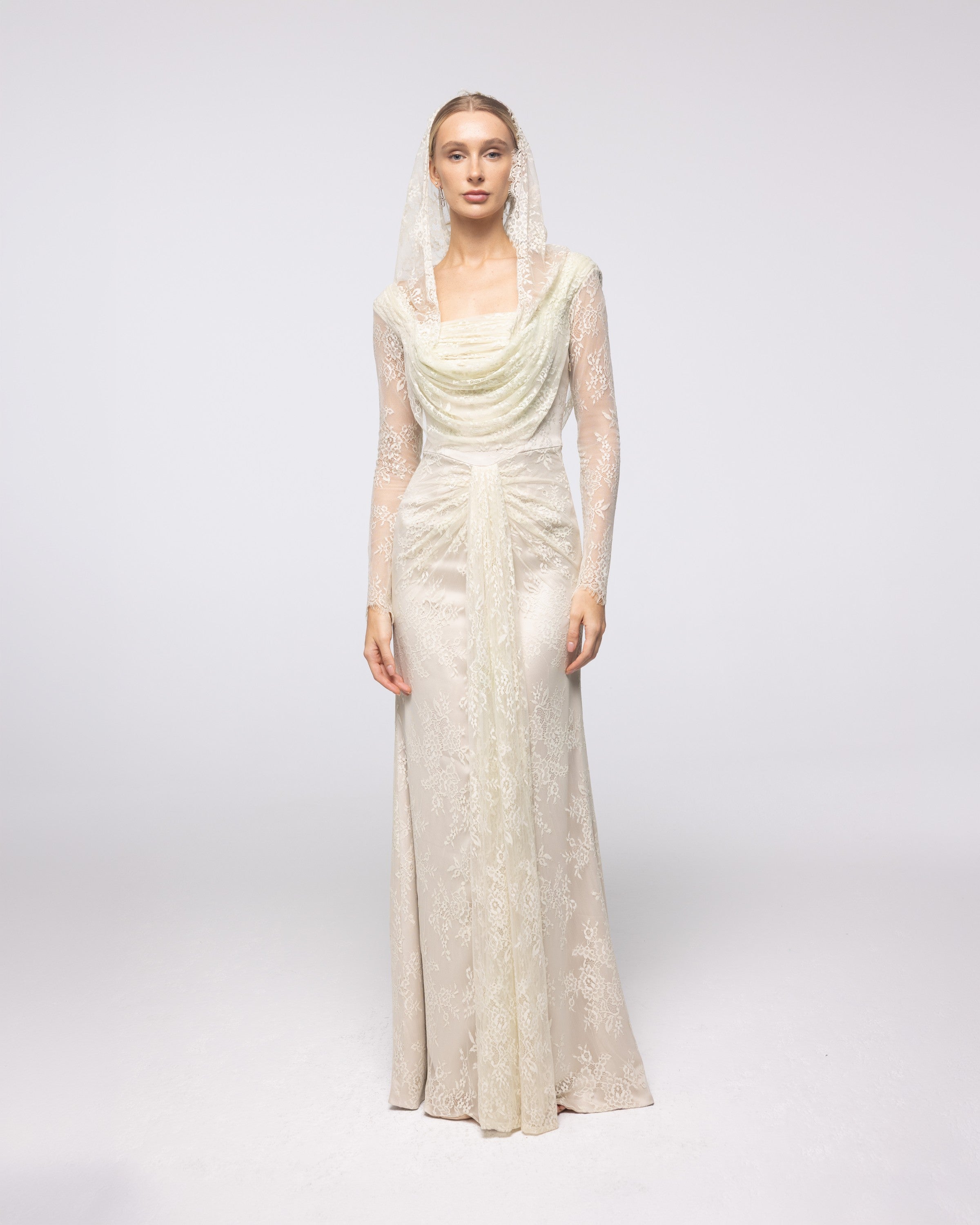 Heirloom Buttercream Floral Lace Cowl Gown, front view | Helen of Troy SS27 | Maison MOOEi