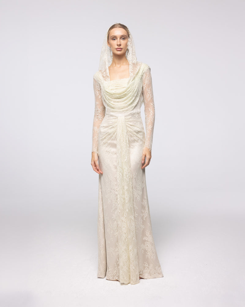 Heirloom Buttercream Floral Lace Cowl Gown, front view | Helen of Troy SS27 | Maison MOOEi