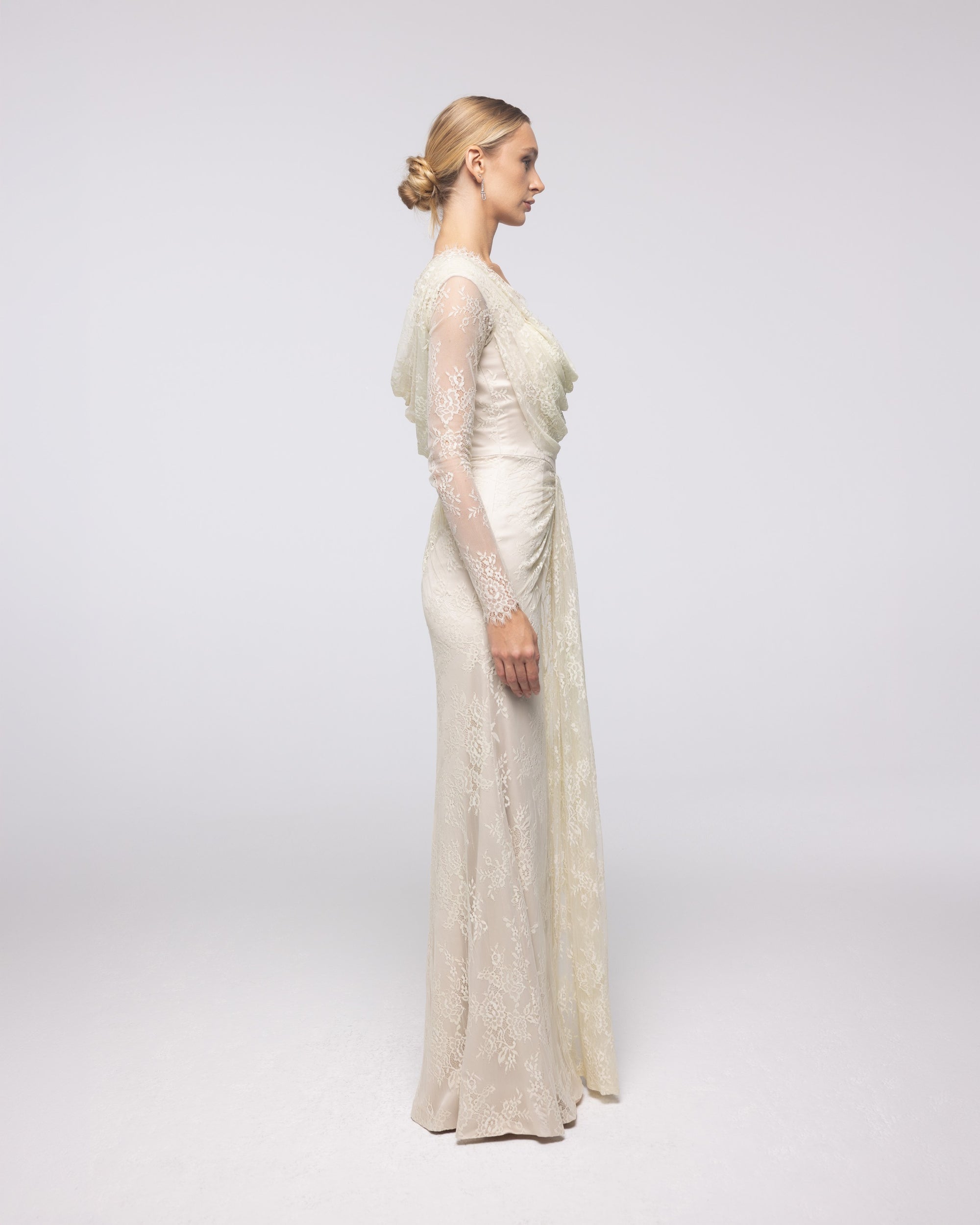 Heirloom Buttercream Floral Lace Cowl Gown, side view | Helen of Troy SS27 | Maison MOOEi