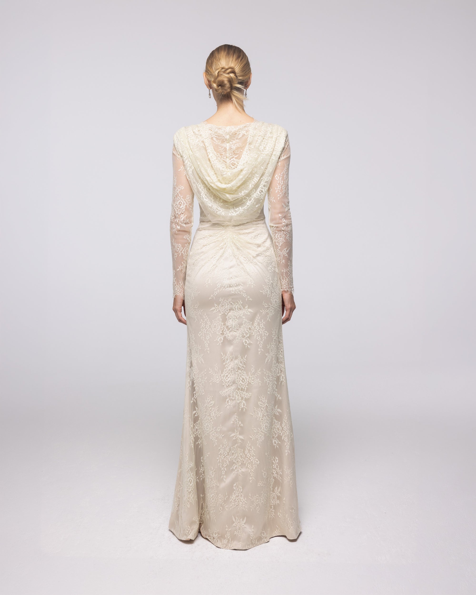 Heirloom Buttercream Floral Lace Cowl Gown, back view | Helen of Troy SS27 | Maison MOOEi